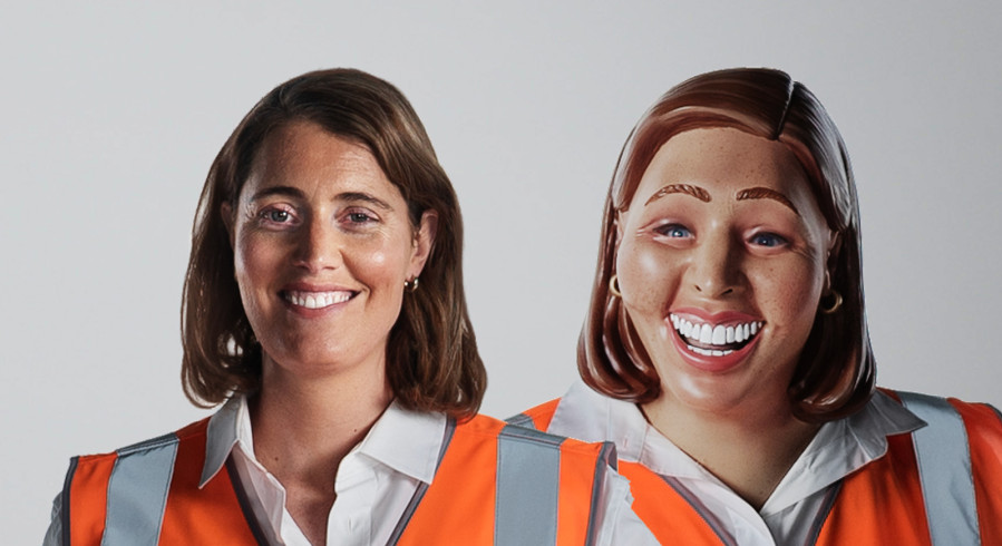 Photo of a woman wearing a high visibility vest and an identical woman next to her wearing a mask