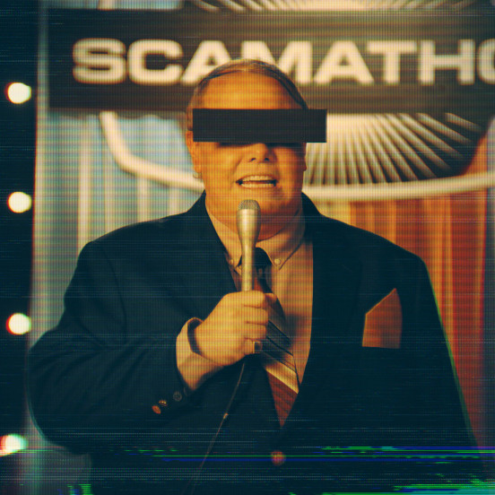 Image of the scamathon host with black glasses covering his eyes, he is holding a microphone